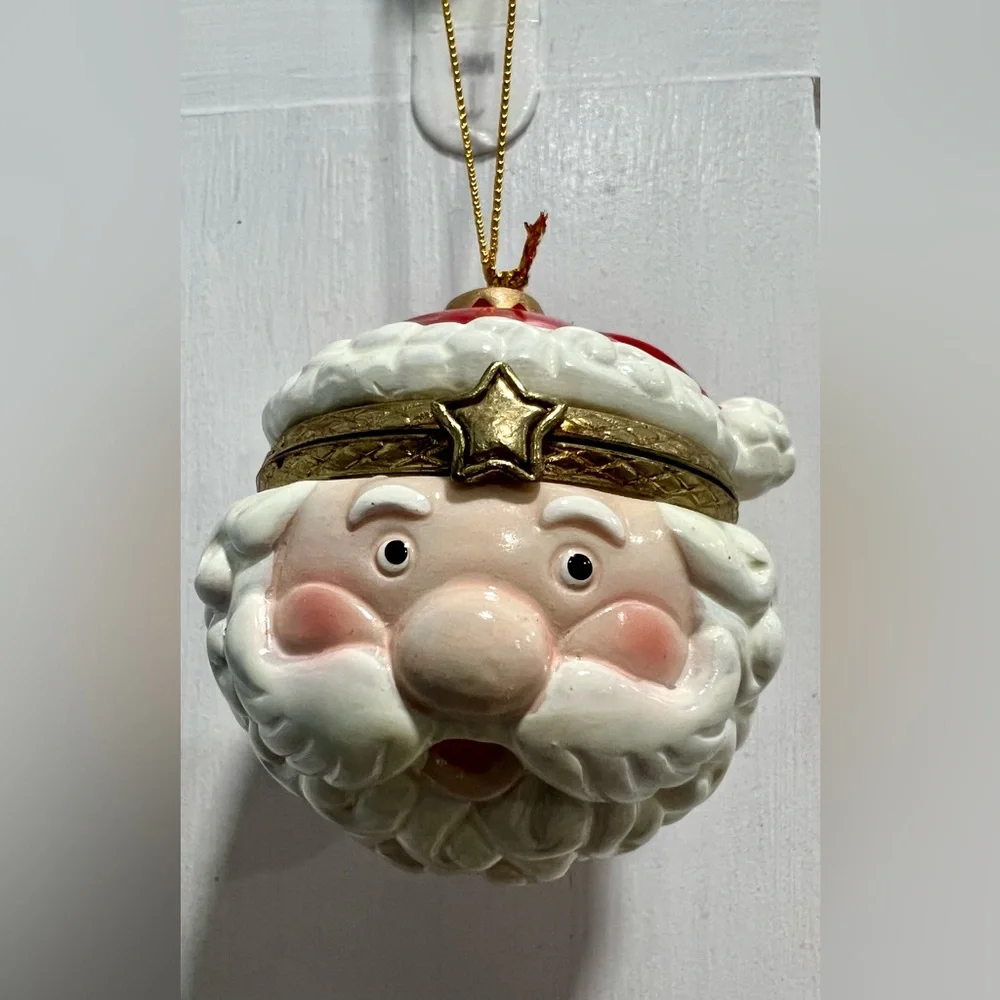 Porcelain Santa Claus St Nick Hat Hinged Trinket Box Christmas Ornament PreLoved